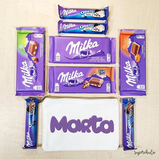 Neceser personalizado, con chocolates Milka. Perfecto como regalo