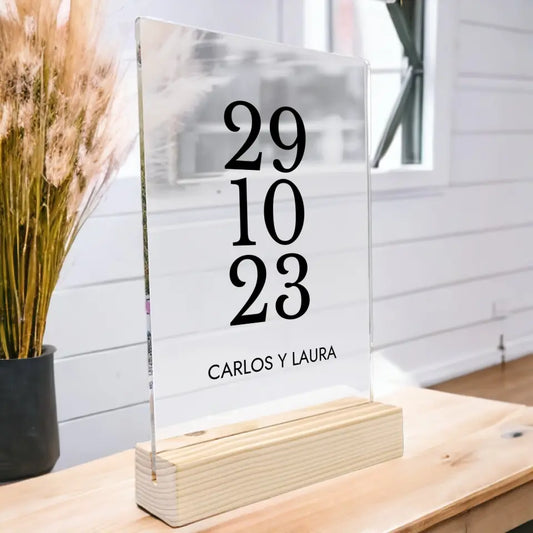 Placa de metacrilato personalizada, modelo fecha