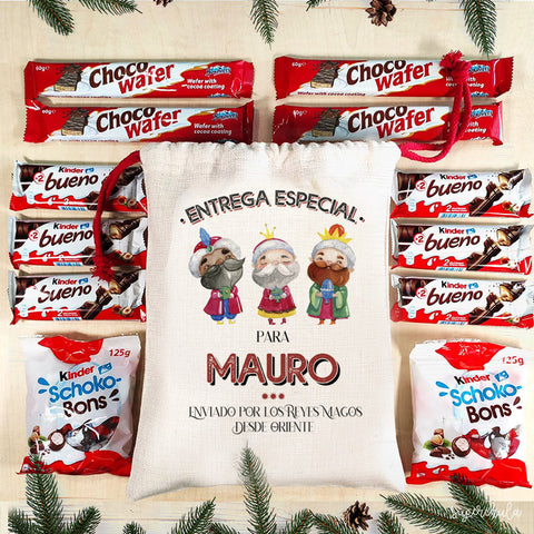 Saco Reyes Magos personalizado y lleno de chocolates variados  Kinder