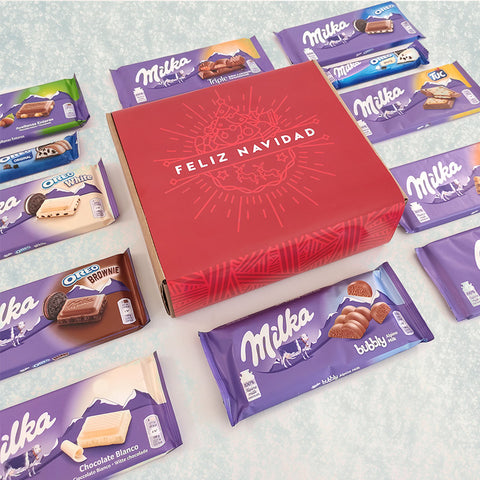 Caja con fajín navideño, rellena de selección chocolates Milka