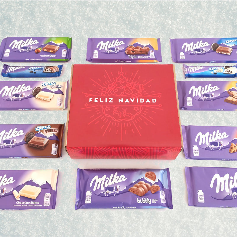 Caja con fajín navideño, rellena de selección chocolates Milka