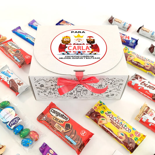 Caja Kinder navideña personalizada, con chocolates, modelo Reyes Magos