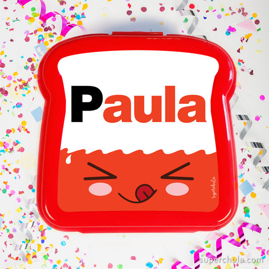 Sandwichera personalizada llena de chocolates, color rojo