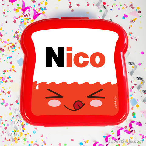 Sandwichera personalizada llena de chocolates, color rojo